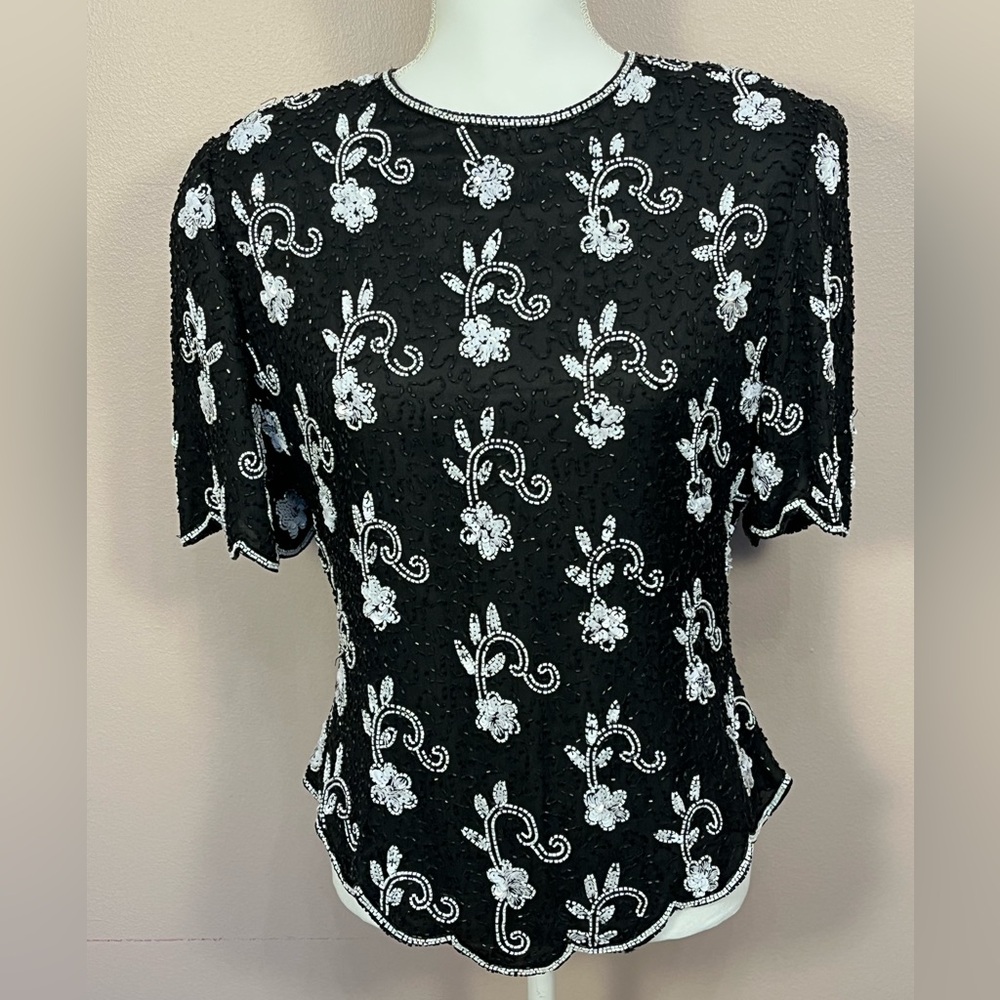 Vintage Evening Wear Sequin Top by Laurence Kazar Black and White Floral